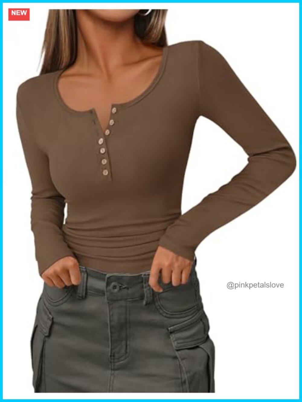 Womens Long Sleeve Henley Ribbed Knit Slim Fitted Tee Button Front Top